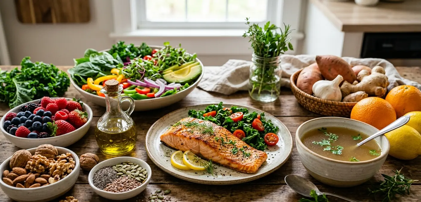 Natural foods that restore synovial fluid including omega-3 rich salmon, sweet potatoes, okra and spinach for optimal joint lubrication